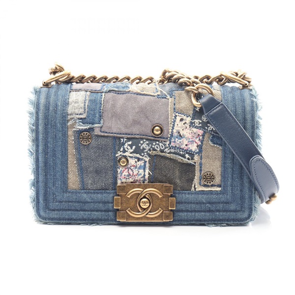 CHANEL Boy Chanel Small Patchwork Chain Shoulder Handbag denim Navy GHW Used CC