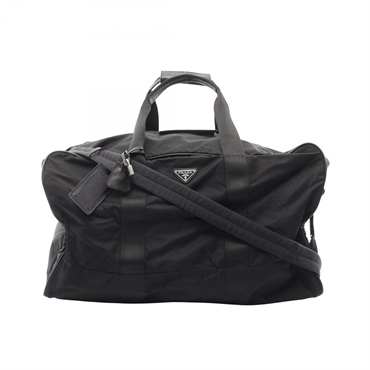 PRADA Triangular Plate 2WAY Travel bag Nylon Saffiano leather Black Used unisex