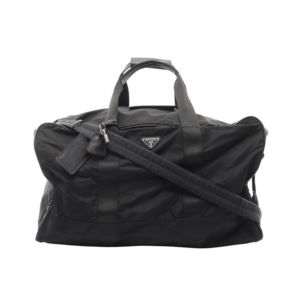 PRADA Triangular Plate 2WAY Travel bag Nylon Saffiano leather Black Used unisex