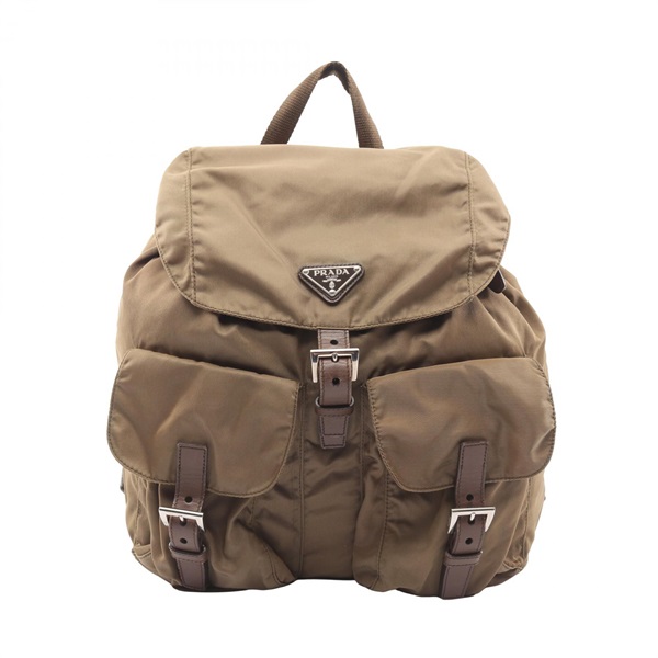 PRADA Triangle Logo Plate Drawstring Rucksack Backpack Nylon leather Khaki Used