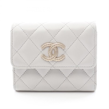 CHANEL Matelasse Tri-fold Wallet Purse Grained Calfskin leather Gray GHW Used CC