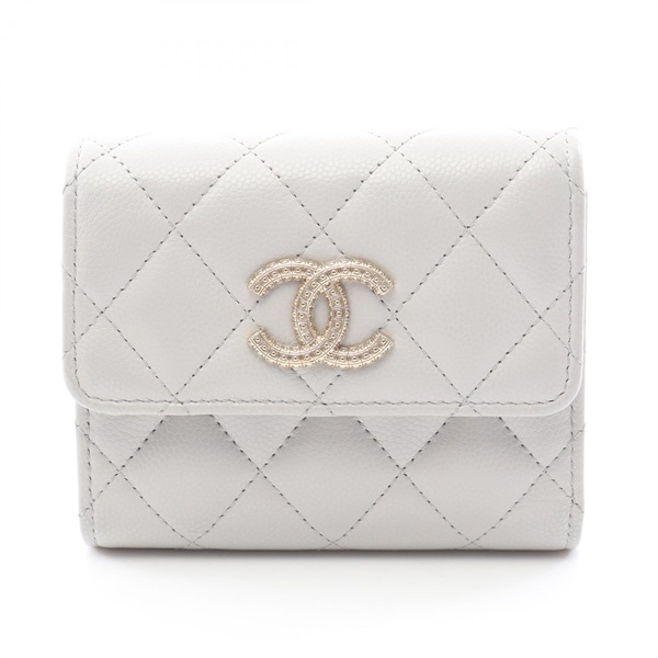CHANEL Matelasse Tri-fold Wallet Purse Grained Calfskin leather Gray GHW Used CC