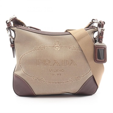 PRADA LOGO JACQUARD Crossbody Shoulder Bag canvas leather Beige Brown Used Women