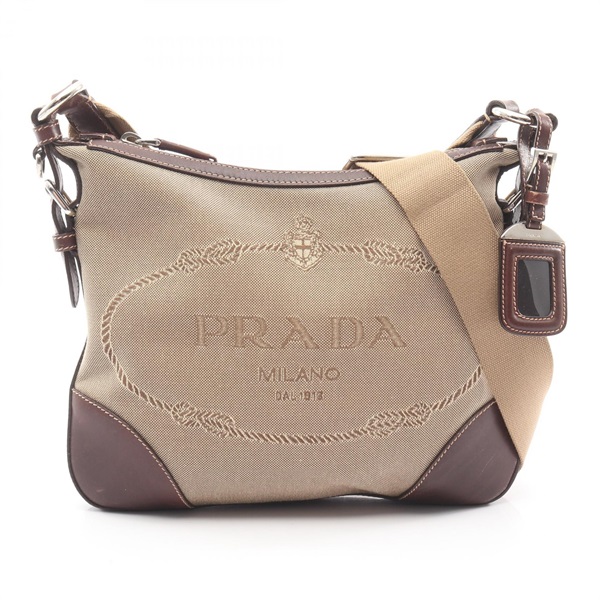 PRADA LOGO JACQUARD Crossbody Shoulder Bag canvas leather Beige Brown Used Women