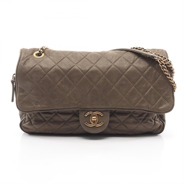 CHANEL Matelasse chain Shoulder Bag leather Khaki brown Used Women
