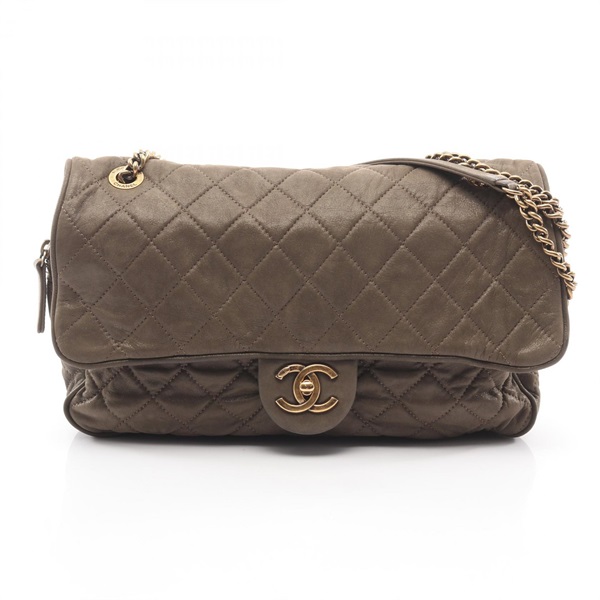CHANEL Matelasse chain Shoulder Bag leather Khaki brown Used Women