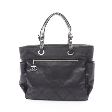 CHANEL Paris Biarritz GM Tote hand Bag A34210 canvas leather Black Used SHW