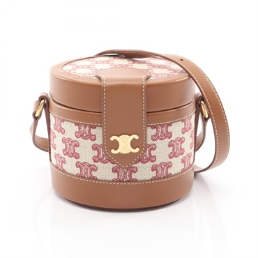 CELINE SMALL TAMBOUR Triomphe Shoulder Crossbody Bag canvas leather Beige Used