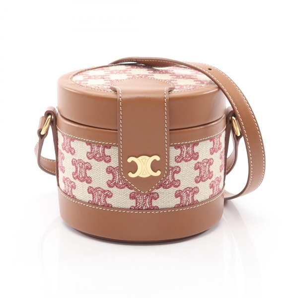 CELINE SMALL TAMBOUR Triomphe Shoulder Crossbody Bag canvas leather Beige Used