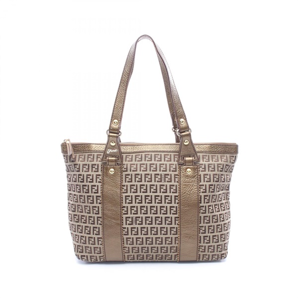 FENDI Zucca Tote Shoulder Bag canvas leather Beige Brown Used Women