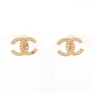 CHANEL COCO Mark Earring Gold Plated Rhinestone Clear Used Women CC