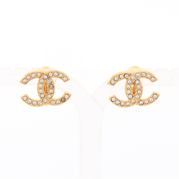 CHANEL COCO Mark Earring Gold Plated Rhinestone Clear Used Women CC