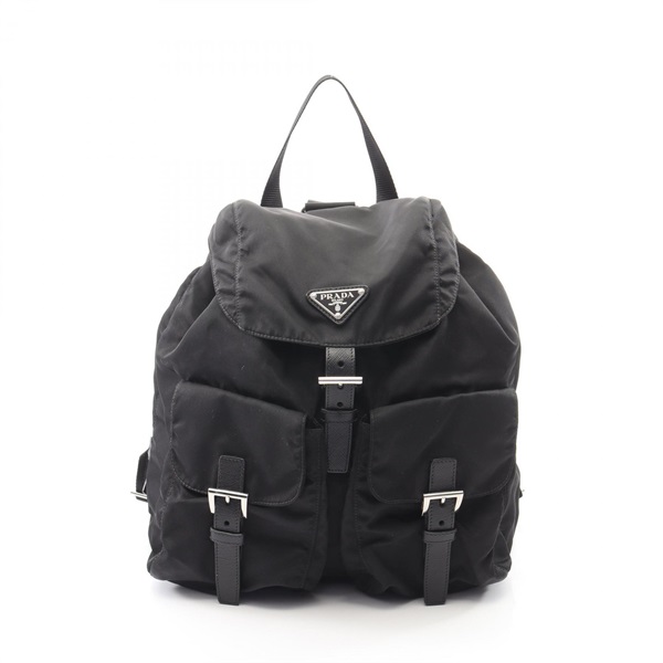 PRADA VELA Triangle Logo Backpack 1BZ811 Nylon Saffiano leather Black Used Women