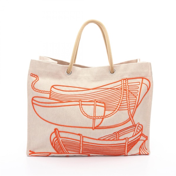 HERMES Beach Thalassa Tote Hand Bag canvas Beige Orange Used Women SHW