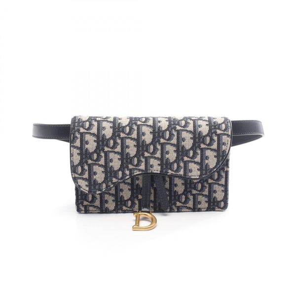 Christian Dior SADDLE Oblique Waist Belt Bag canvas leather Navy Beige Used CD
