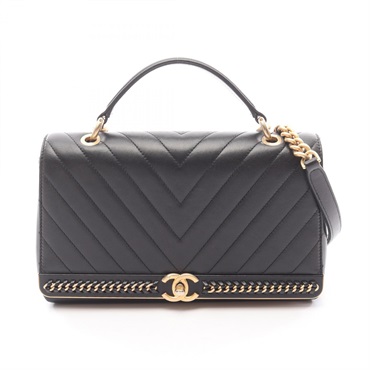 CHANEL Top Handle V-Stretch chain Shoulder Bag Lambskin leather Black Used GHW