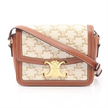CELINE Teen Triomphe Shoulder crossbody Bag canvas leather White Beige Brown