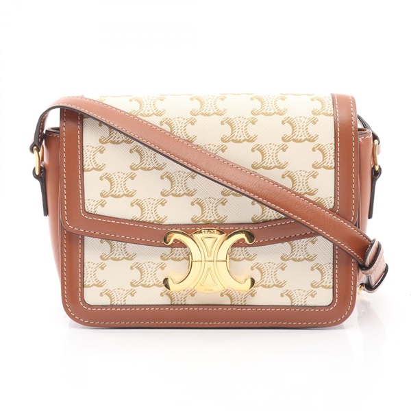 CELINE Teen Triomphe Shoulder crossbody Bag canvas leather White Beige Brown