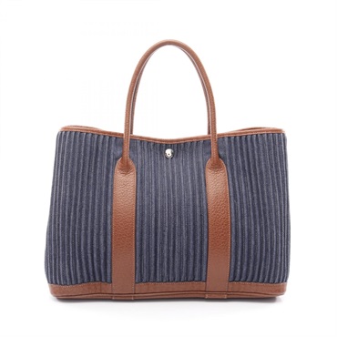 HERMES Garden Party PM Tote Bag Toile Denim Canelé Buffle Leather Navy used L