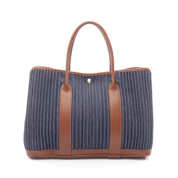 HERMES Garden Party PM Tote Bag Toile Denim Canelé Buffle Leather Navy used L