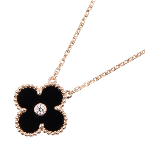 Van Cleef & Arpels Vintage Alhambra Onyx Diamond Necklace 18KRG Gold Used Women