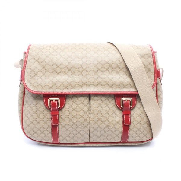 CELINE Macadam Shoulder Bag canvas leather Beige Red Used Women