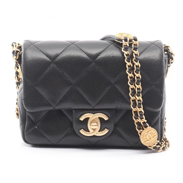 CHANEL Matelasse Chain Shoulder Bag Calfskin Black CC Logo Used Women