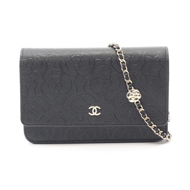 CHANEL Camelia Shoulder Bag WOC Grained Calfskin leather Black Used Women GHW CC