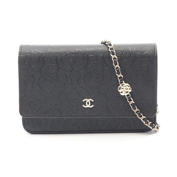 CHANEL Camelia Shoulder Bag WOC Grained Calfskin leather Black Used Women GHW CC