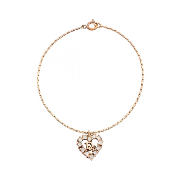 Christian Dior CD Logo Heart Bracelet Gold Plated Rhinestone Clear Used Women