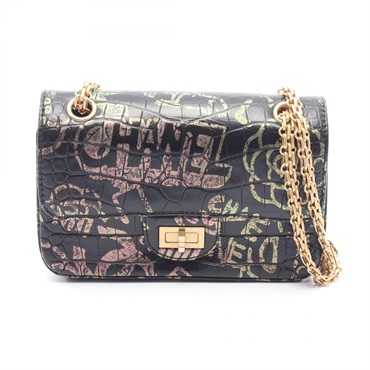 CHANEL 2.55 Mademoiselle Chain Embossed Shoulder Bag leather Blk Multi GHW Used