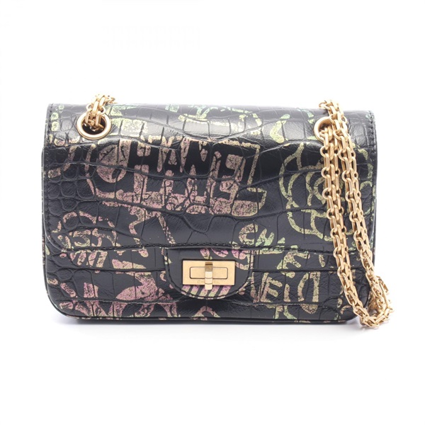 CHANEL 2.55 Mademoiselle Chain Embossed Shoulder Bag leather Blk Multi GHW Used