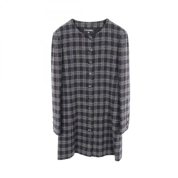 CHANEL COCO Mark button Dress P73616V65033 wool Navy Gray #38 Used Women