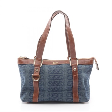 GUCCI Abbey interlocking G Tote hand Bag 141471 denim leather Navy Brown Used