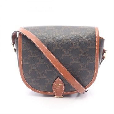 CELINE Folco Medium Triomphe Shoulder Bag canvas leather Black Brown Used