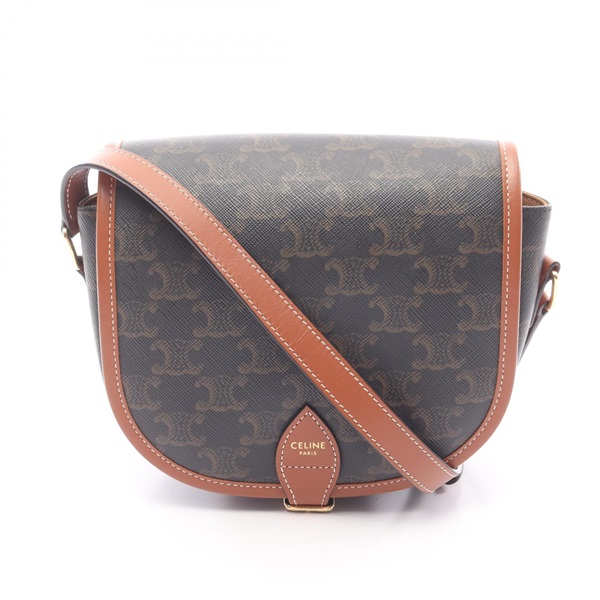 CELINE Folco Medium Triomphe Shoulder Bag canvas leather Black Brown Used
