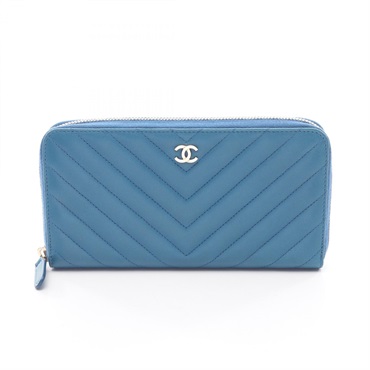 CHANEL Chevron V Stitch Around zip long wallet purse Lamb leather Blue GHW Used