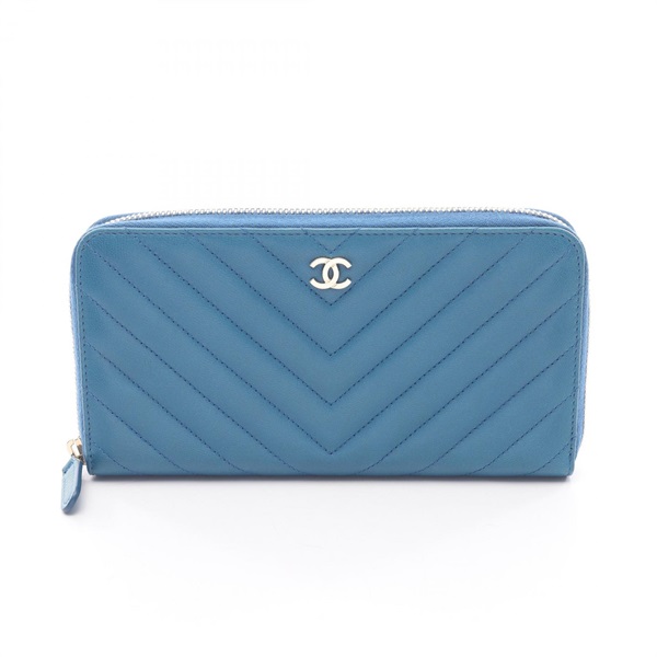 CHANEL Chevron V Stitch Around zip long wallet purse Lamb leather Blue GHW Used