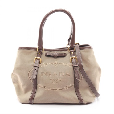 PRADA LOGO JACQUARD Shoulder Tote Bag canvas leather Beige Brown Used Women