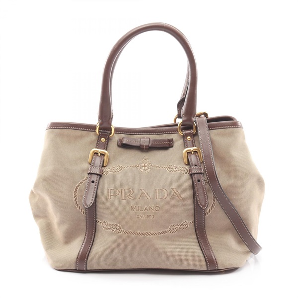 PRADA LOGO JACQUARD Shoulder Tote Bag canvas leather Beige Brown Used Women