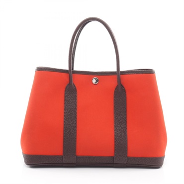 HERMES Garden party TPM Tote Bag Toile officier canvas Negonda leather Red Brown