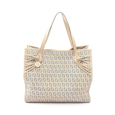 FENDI Zucchino Tote Handbag 8BH153 canvas leather Beige Blue Used Women