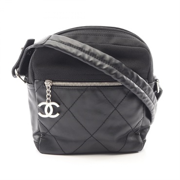 CHANEL Paris Biarritz Shoulder Crossbody Bag A38843 canvas leather Black Used CC