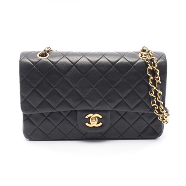 CHANEL Matelasse W flap chain Shoulder Bag Lambskin Black Used Women GHW