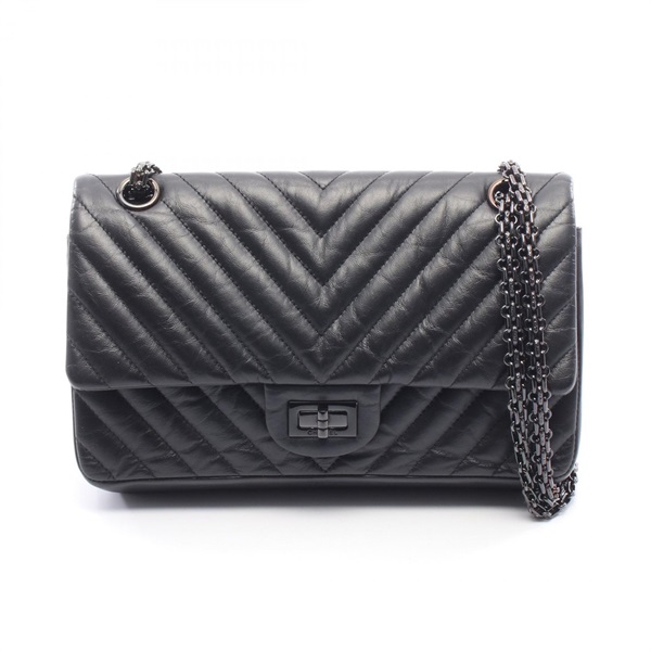 CHANEL 2.55 Chevron V-stitch W-flap chain Shoulder Bag A37586 leather Black Used