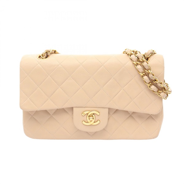 CHANEL Matelasse W flap Chain Shoulder Bag Lamb leather Beige Used Women GHW CC