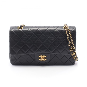 CHANEL Matelasse W flap chain Shoulder hand Bag Lambskin Black Used GHW