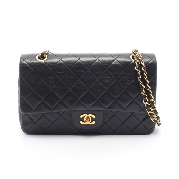 CHANEL Matelasse W flap chain Shoulder hand Bag Lambskin Black Used GHW