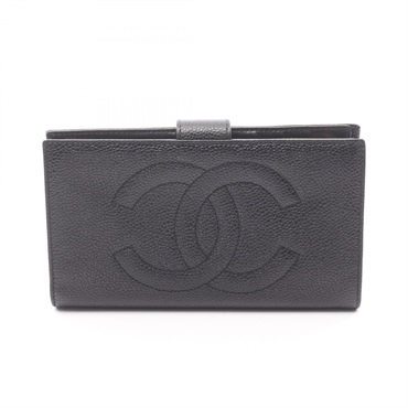 CHANEL COCO Mark Bifold Kiss-lock long Wallet Purse leather Black GHW Used CC