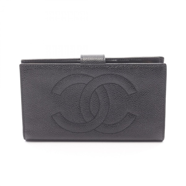 CHANEL COCO Mark Bifold Kiss-lock long Wallet Purse leather Black GHW Used CC